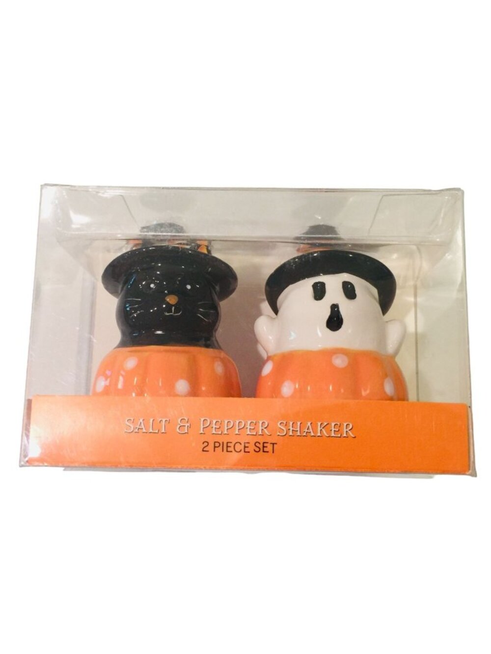 Halloween Black Cat Ghost in Polka Dot Pumpkins Ceramic 3 1/2" Salt Pepper Shake